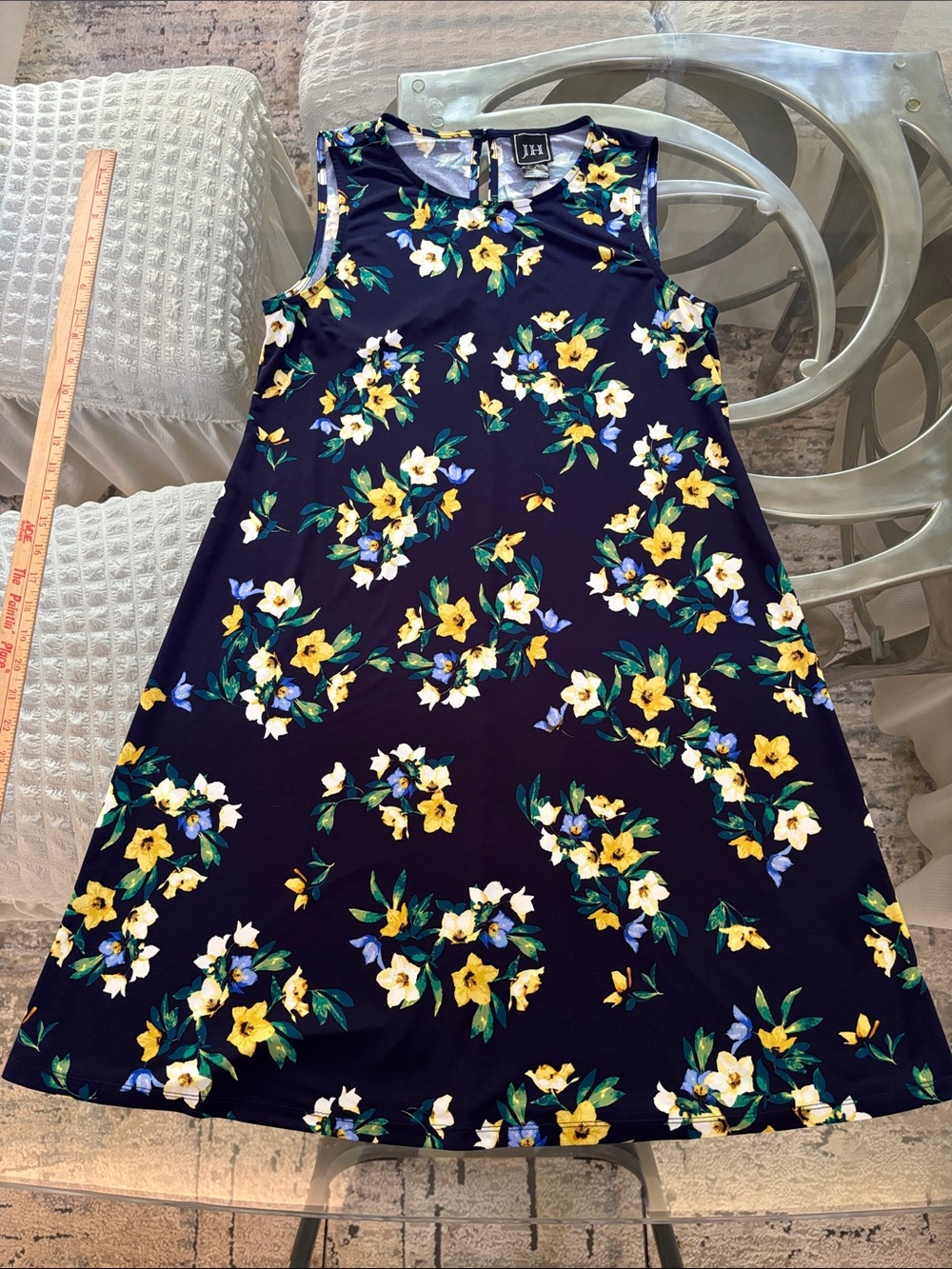 Sleeveless Floral Midi Dress in Navy with Yellow & White Flowers